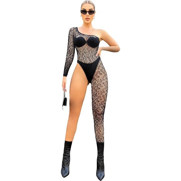 🆕Women Black One Piece Fishnet Body Stocking Lingerie Mesh Bodysuit Jumpsuit - Picture 1 of 6